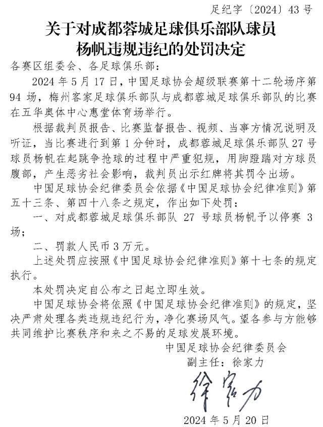 足协罚单：杨帆蹬踹对方球员腹部 停赛3场罚款3万